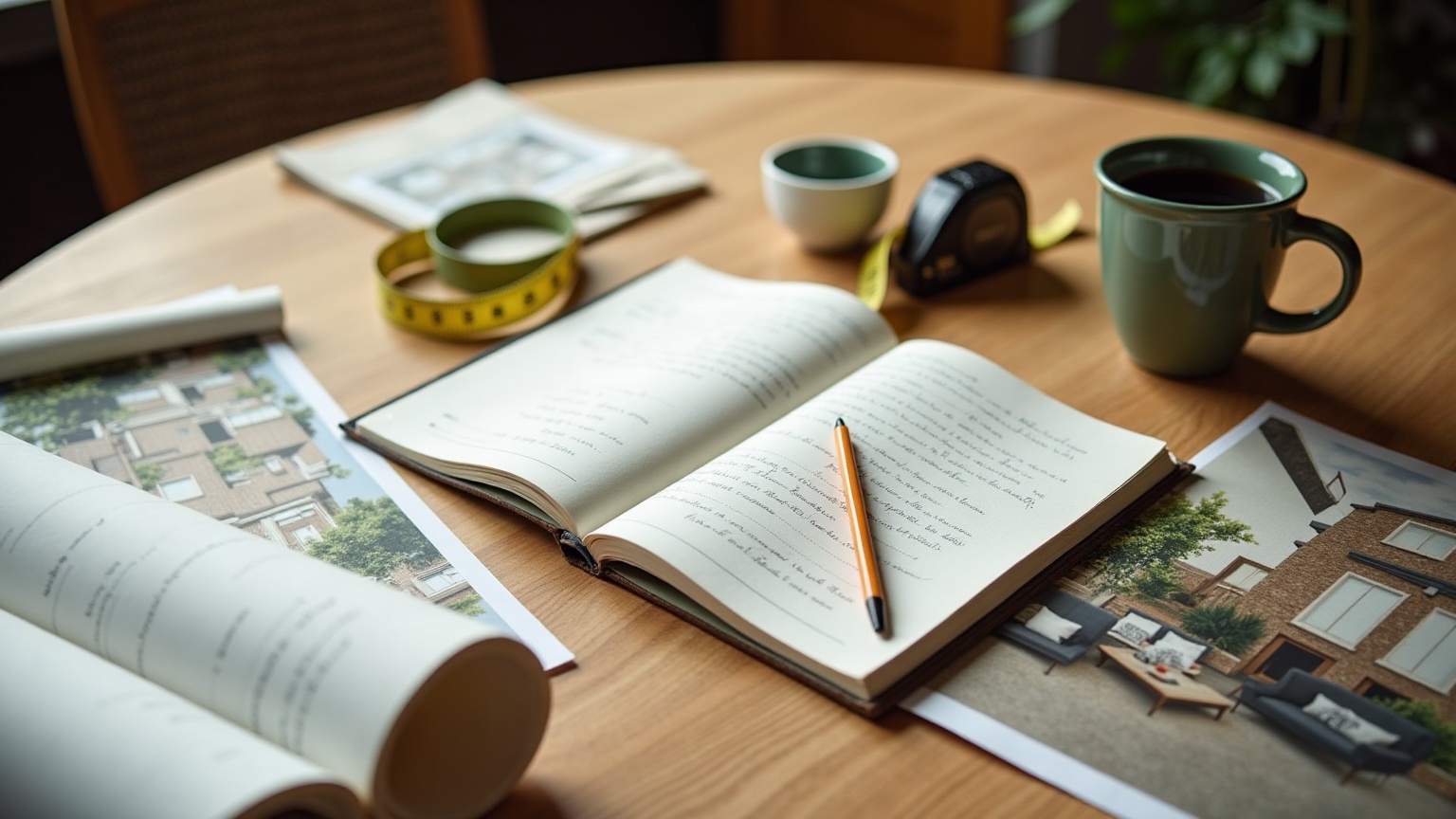 Una mesa con planos, cuaderno de notas y recortes de ideas